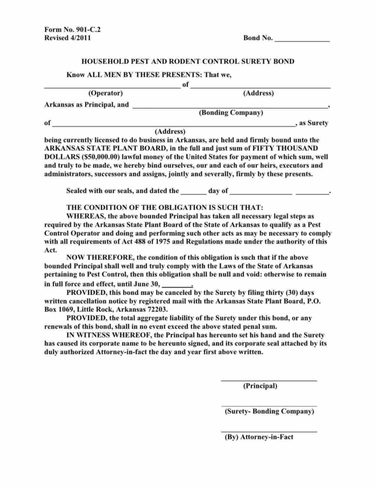 Arkansas Household Pest and Rodent Control Bond Form