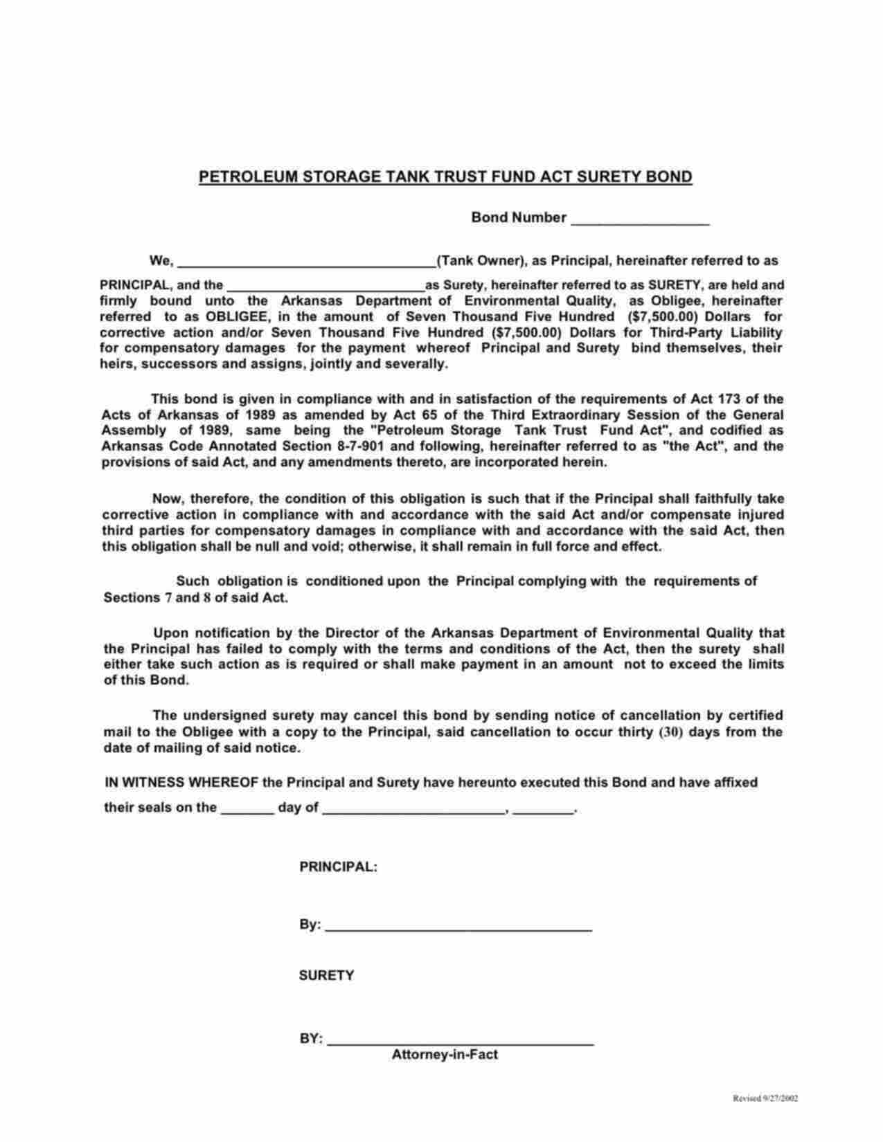 Arkansas Petroleum Storage Tank Trust Fund Act Bond Form