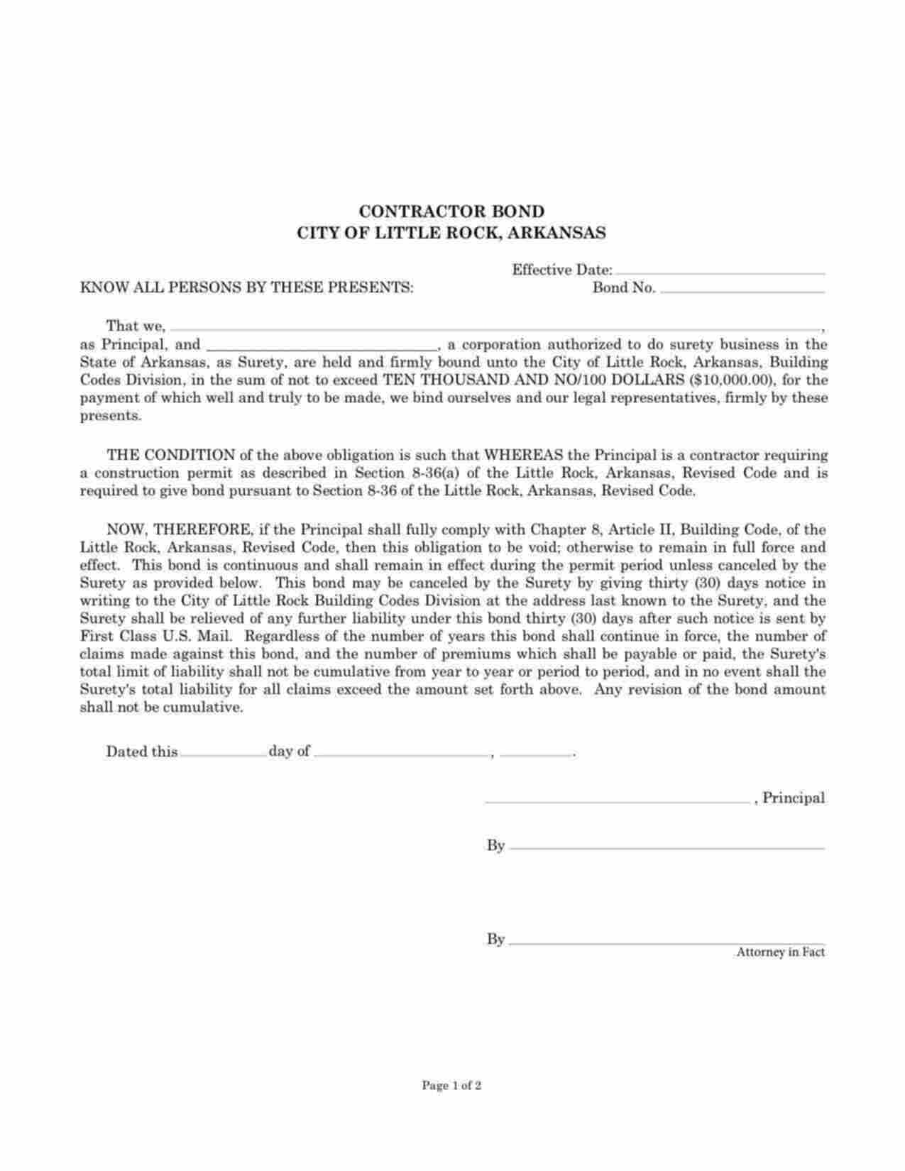 Arkansas Contractor Bond Form