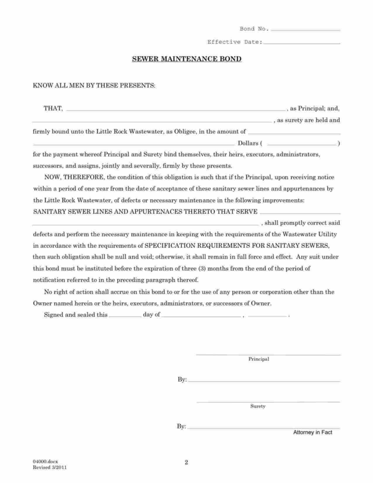 Arkansas Sewer Maintenance Bond Form