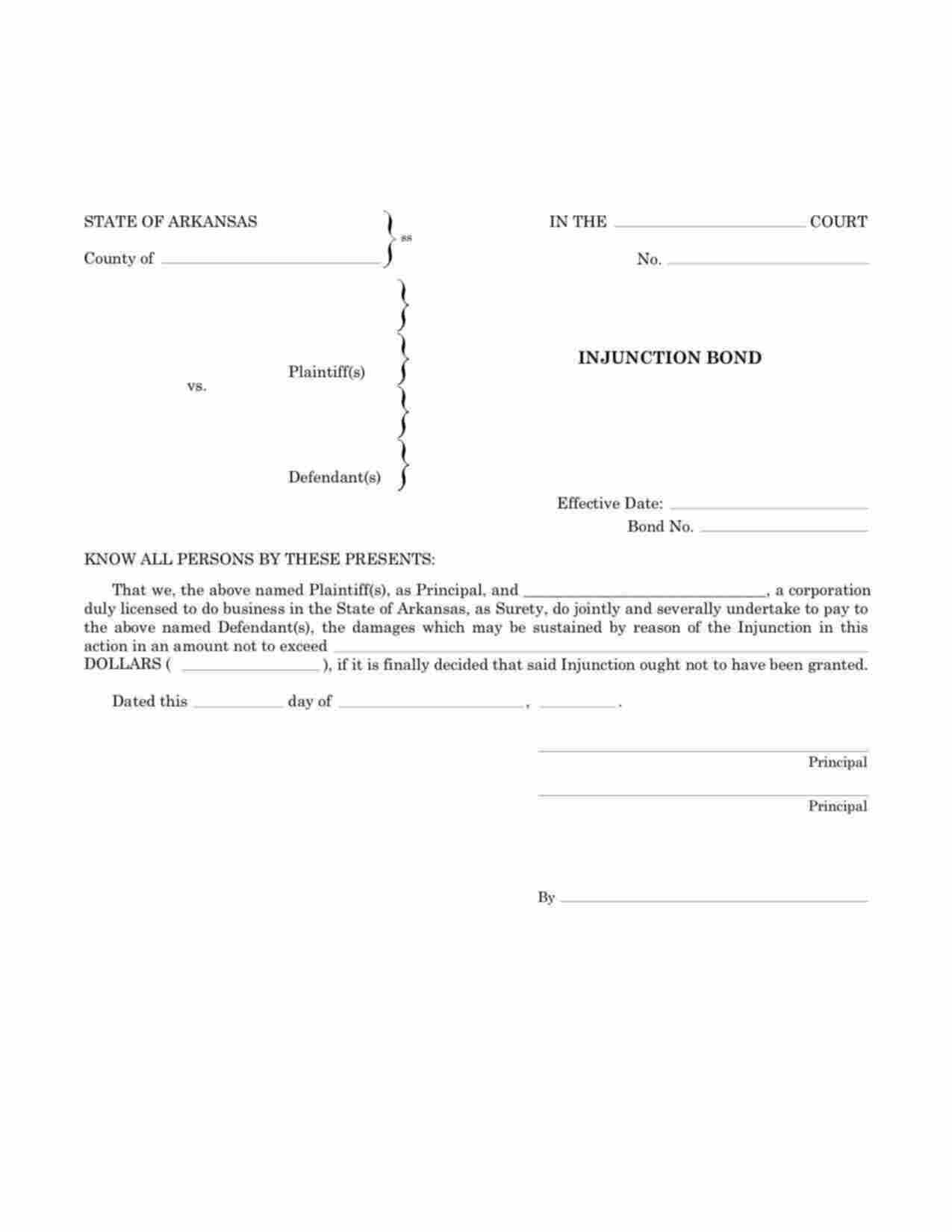 Arkansas Injunction Bond Form