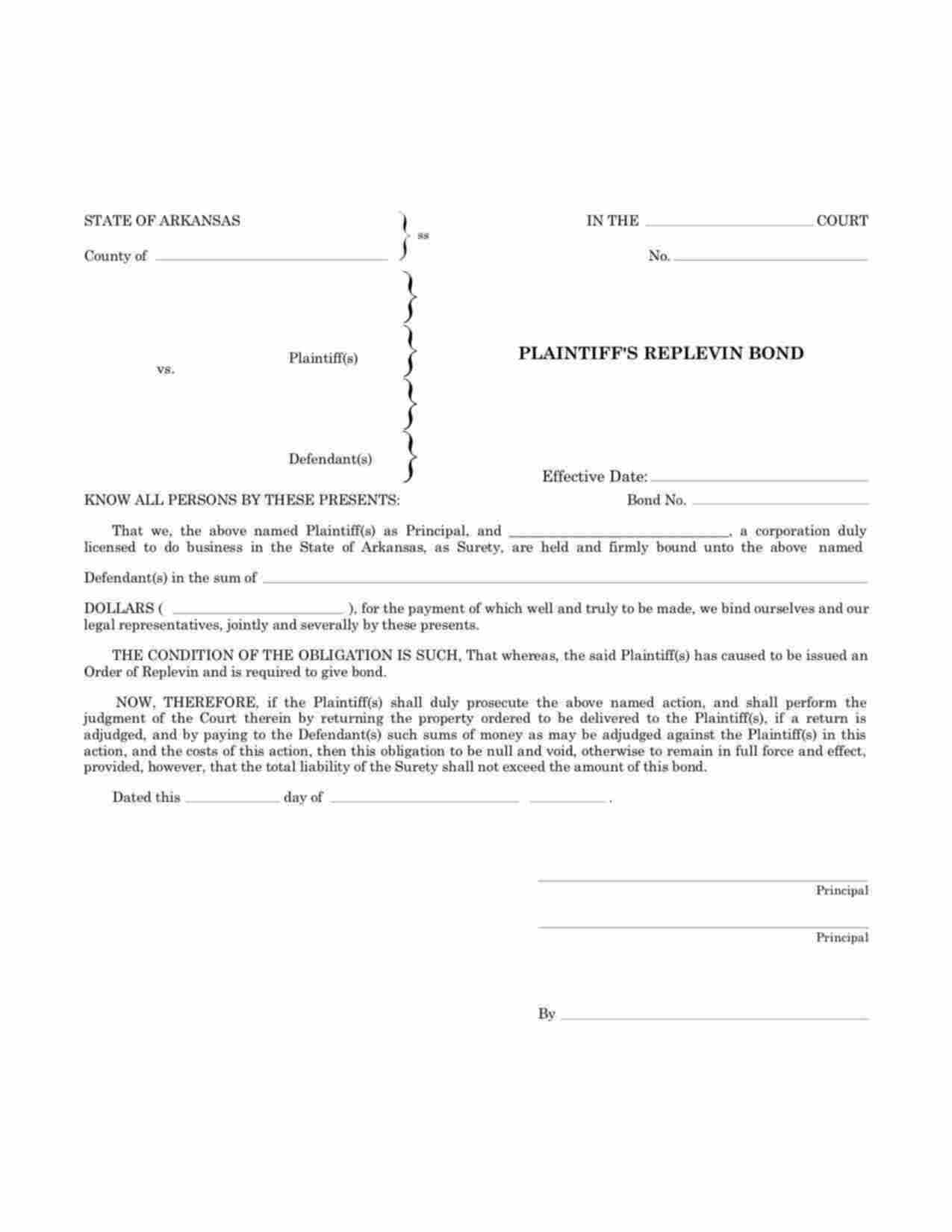 Arkansas Plaintiffs Replevin Bond Form