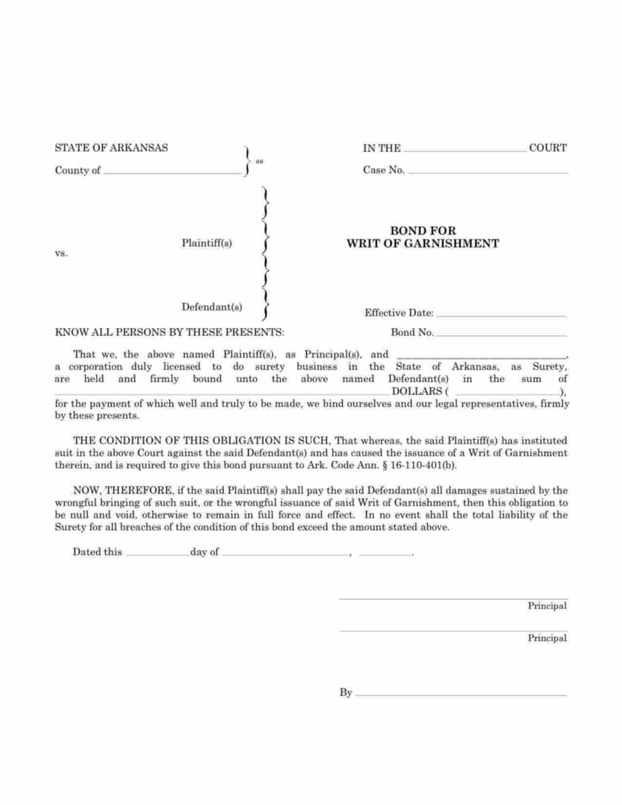 Arkansas Writ of Garnishment Bond Form