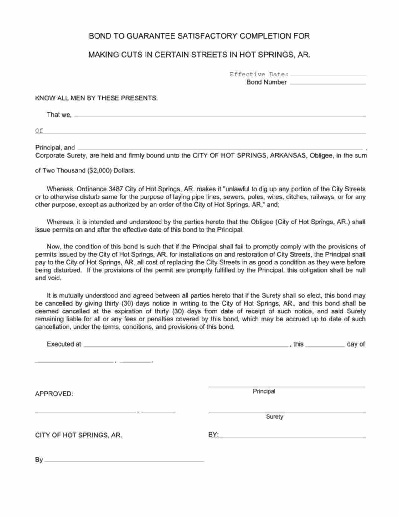 Arkansas Street Opening Permit Bond Form