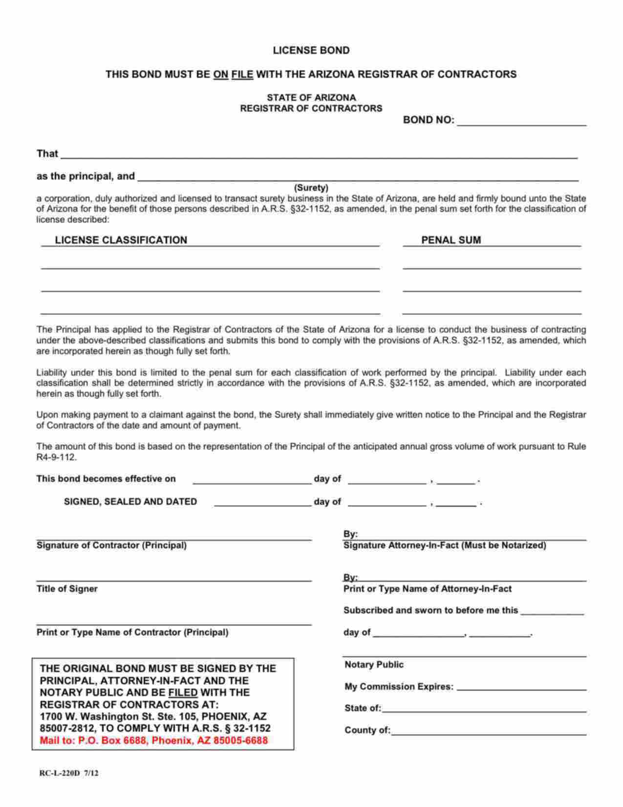 Arizona Residential General Contractors Bond Form