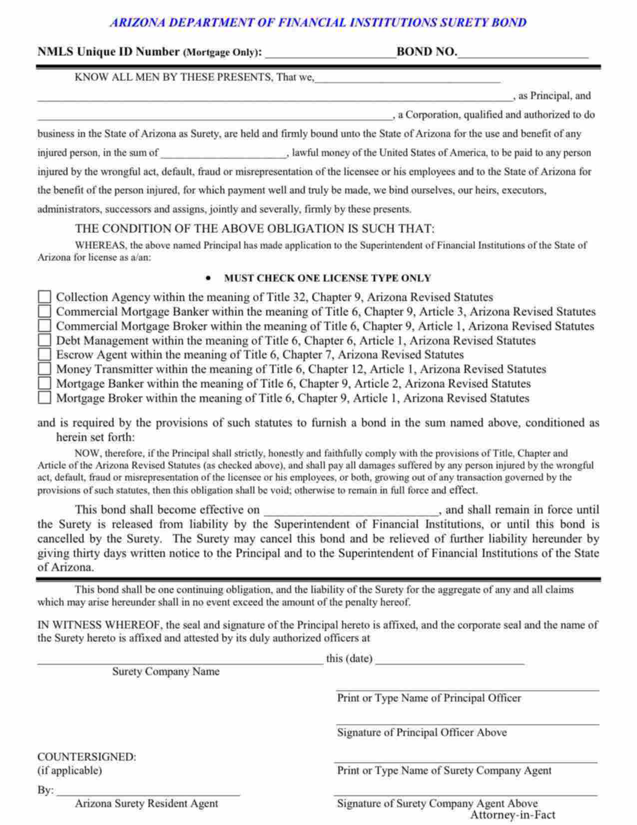 Arizona Collection Agency Bond Form