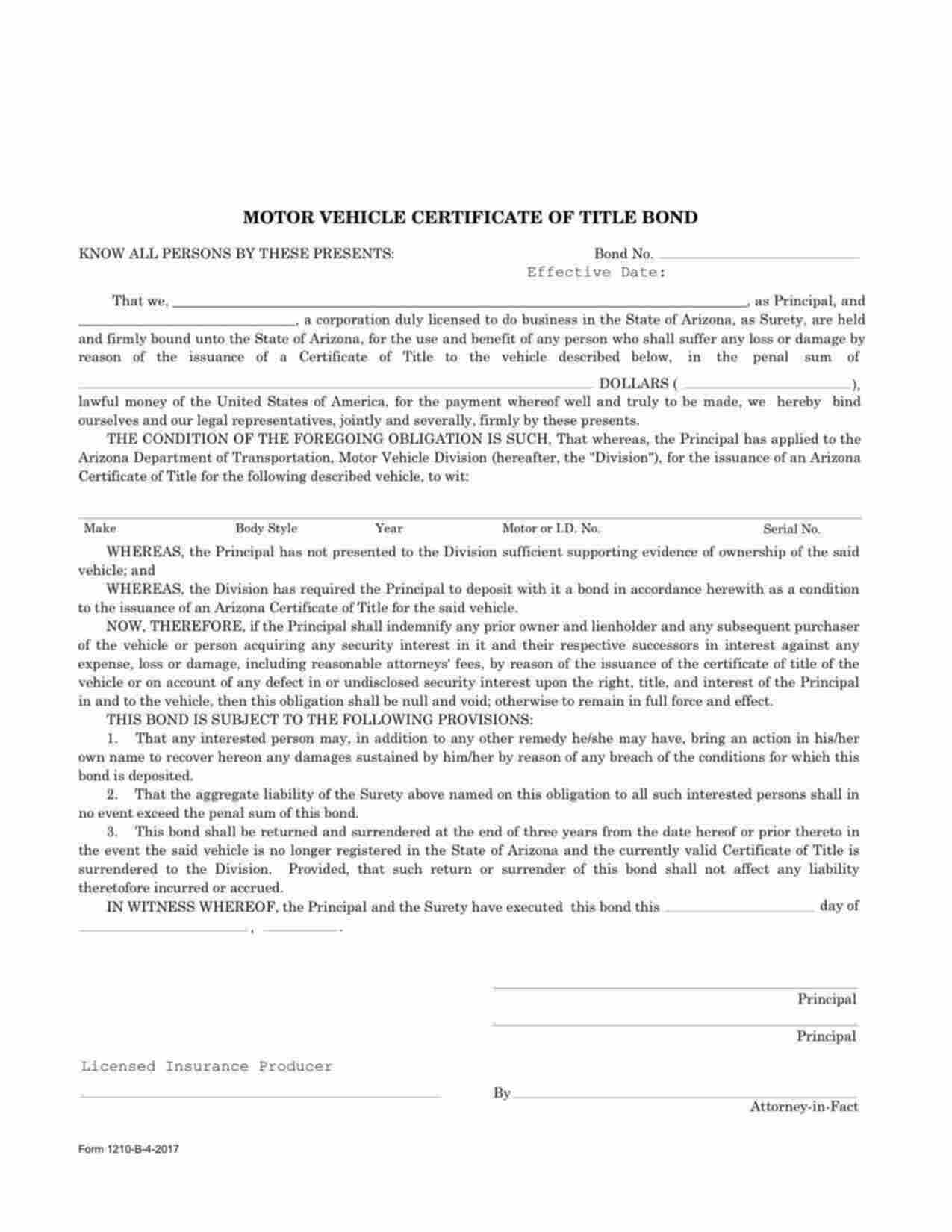 Arizona Lost Certificate of Title Bond Form