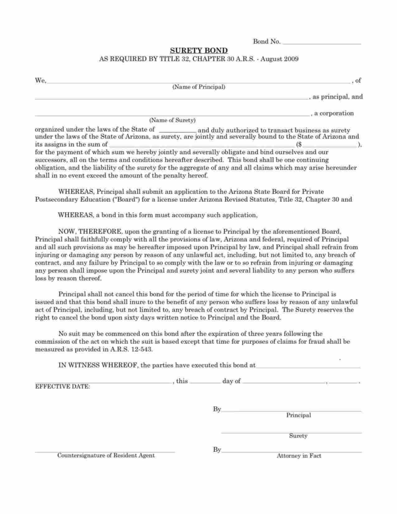 Arizona Private Postsecondary Education Bond Form
