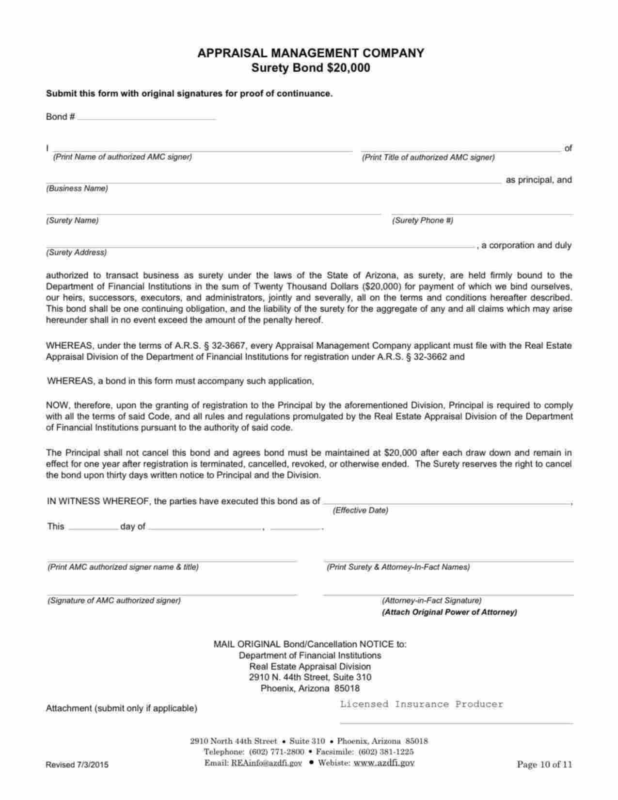 Arizona Appraisal Management Company Bond Form