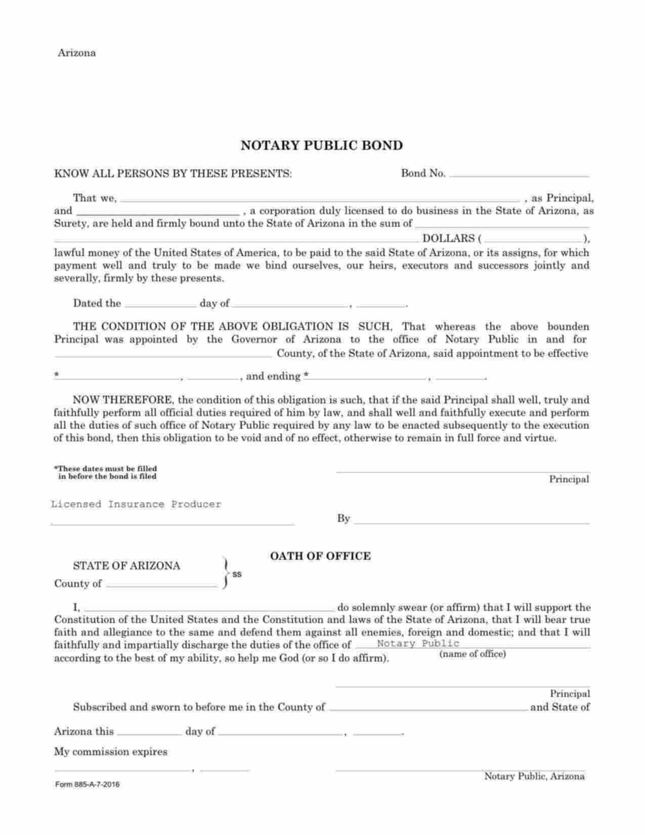 Arizona Notary Public Bond Form