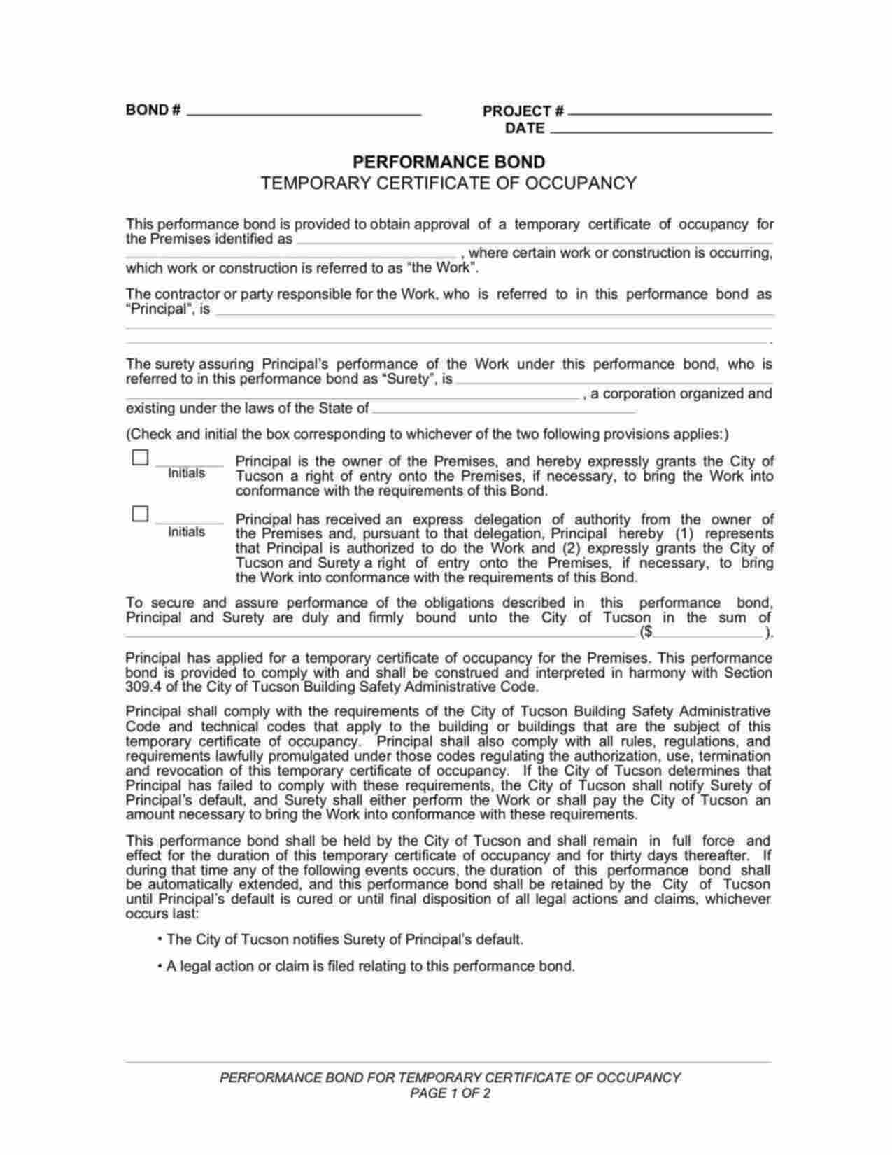 Arizona Temporary Certificate of Occupancy Bond Form