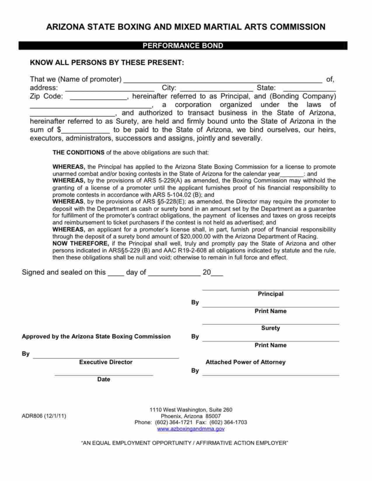 Arizona Boxing Promoter's License Bond Form