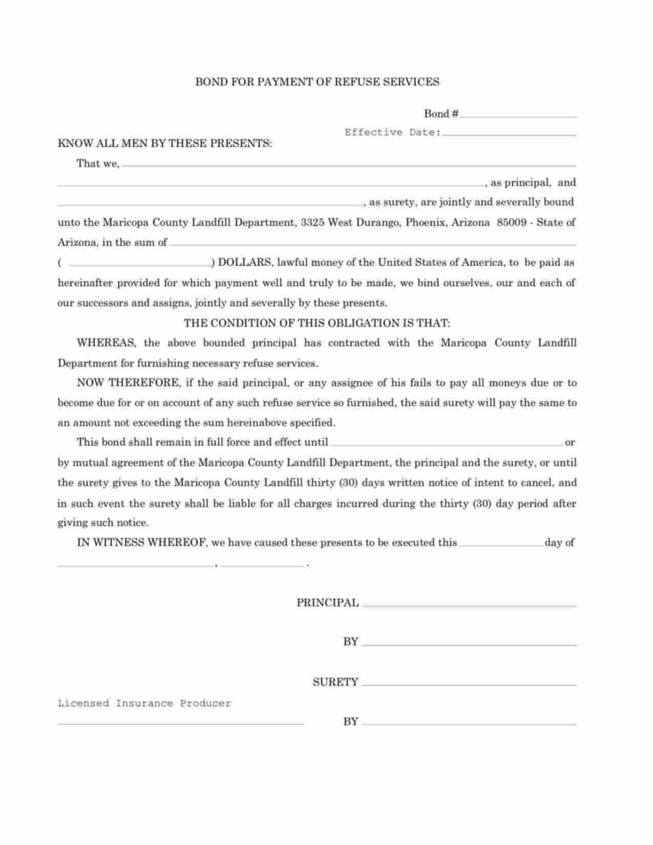 Arizona Payment of Refuse Services Bond Form