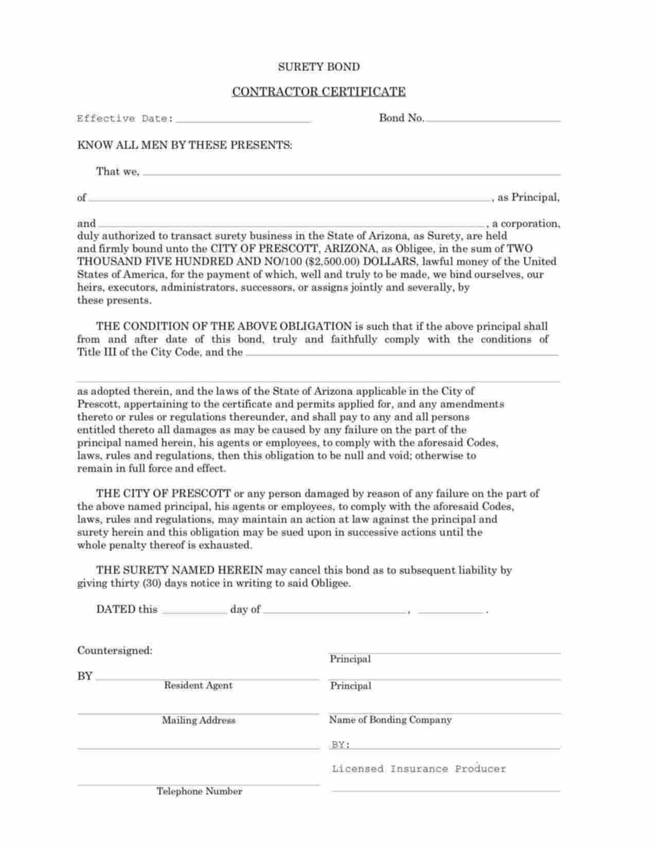 Arizona Contractor Certificate Bond Form