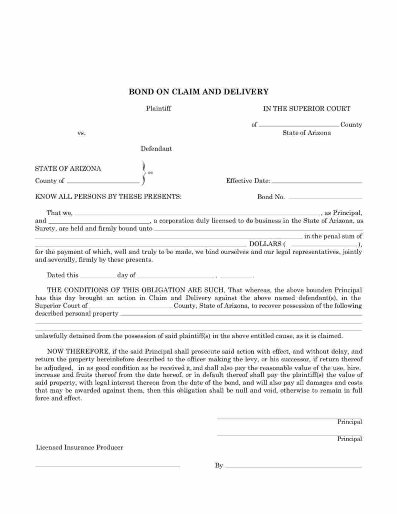 Arizona Claim and Delivery Bond Form