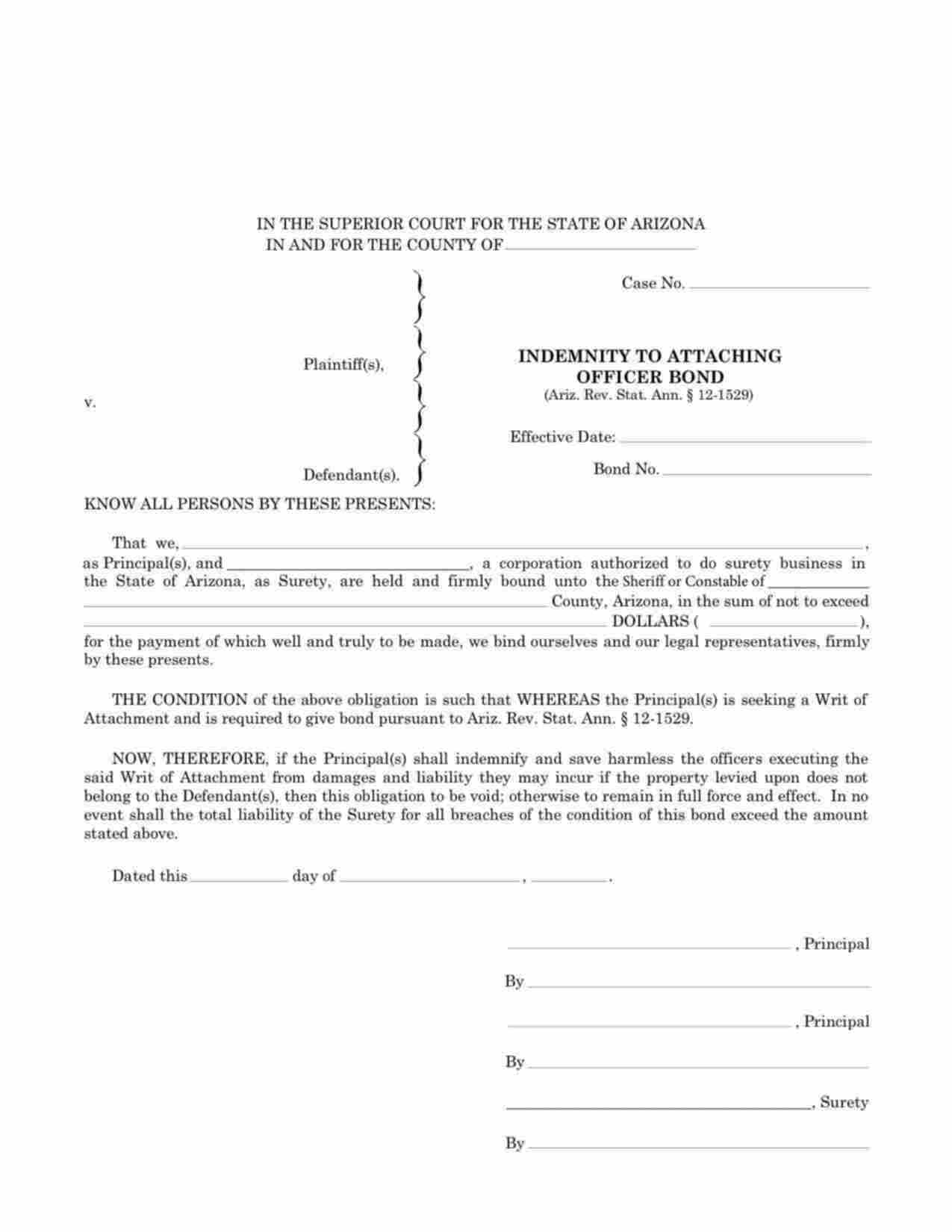 Arizona Indemnity to Attaching Officer Bond Form