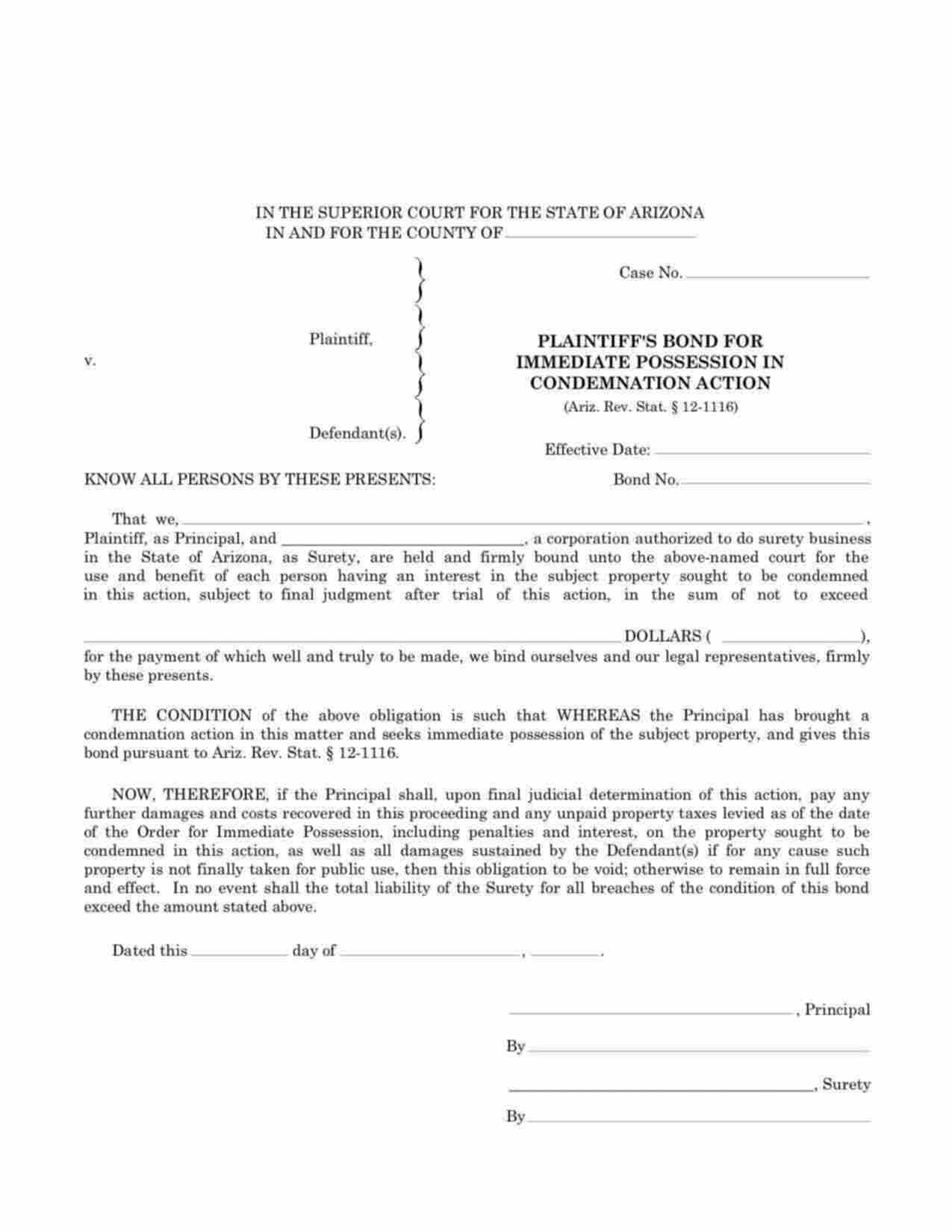 Arizona Plaintiffs Immediate Possession in Condemnation Action Bond Form