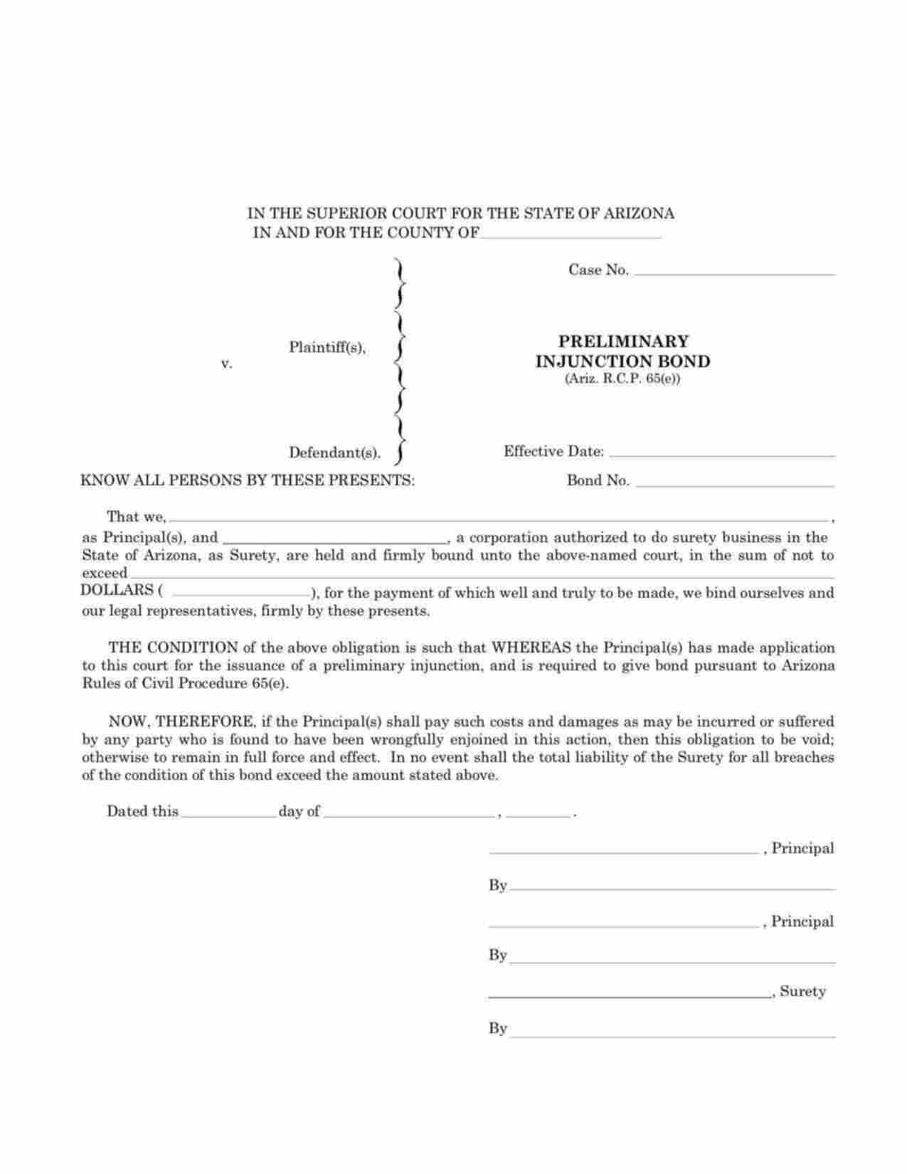 Arizona Preliminary Injunction Bond Form