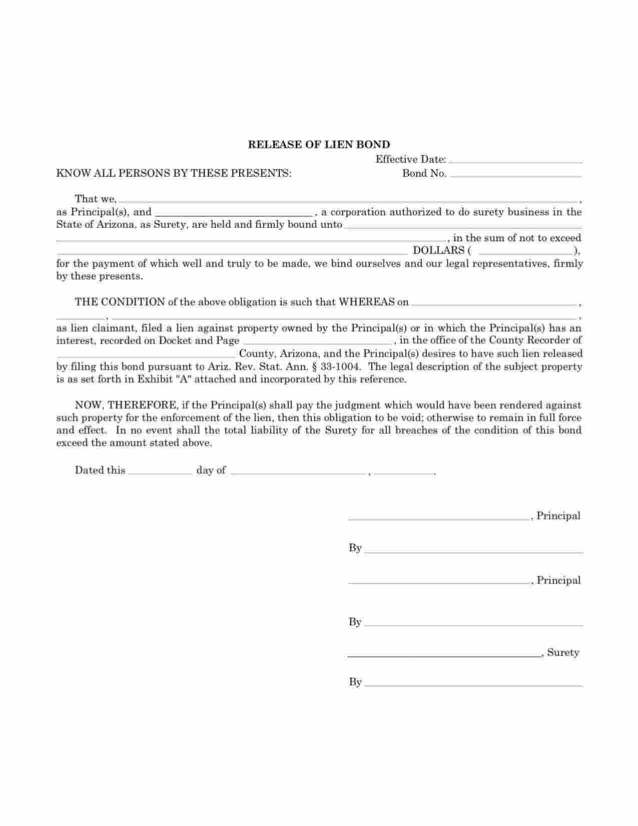 Arizona Release of Lien Bond Form