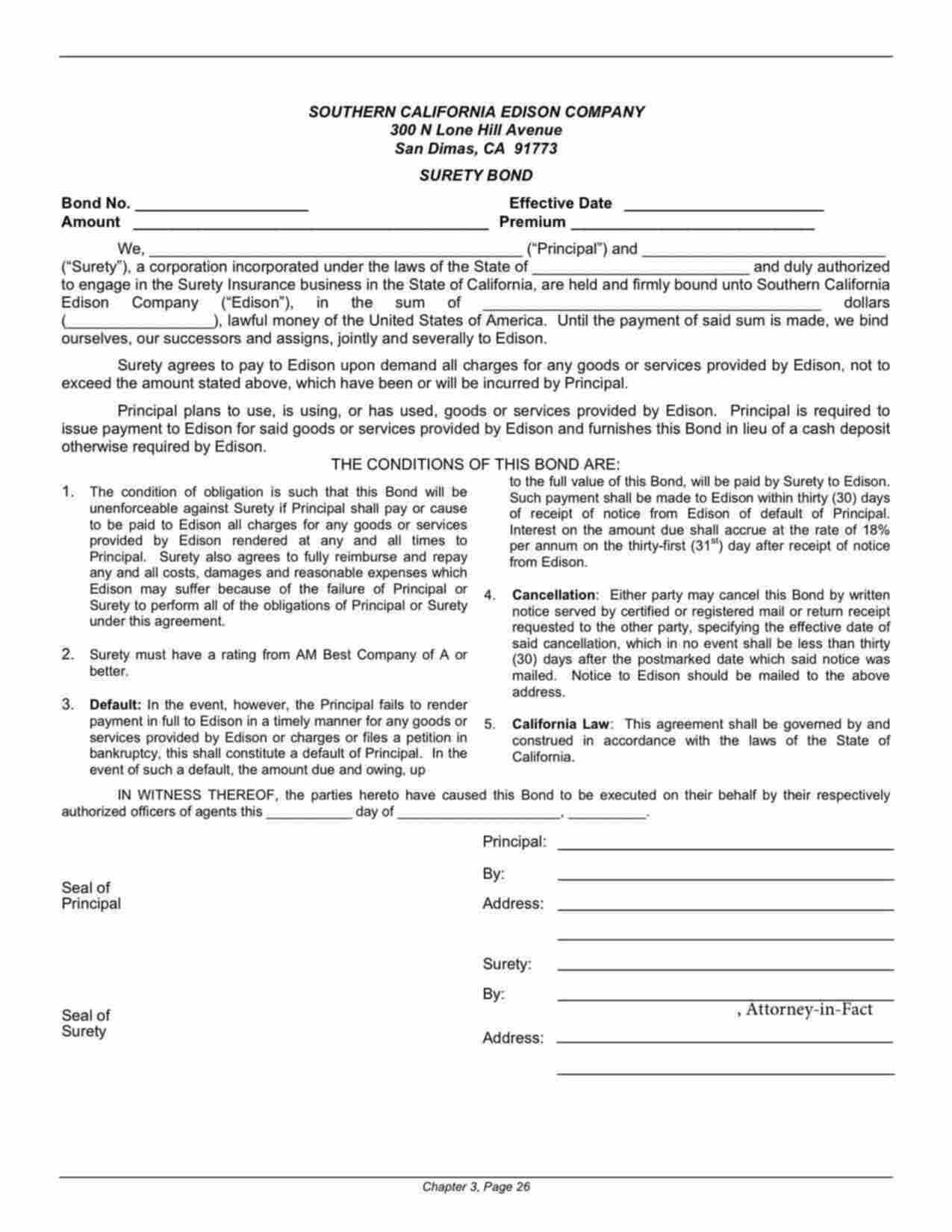 California Utility Deposit Bond Form