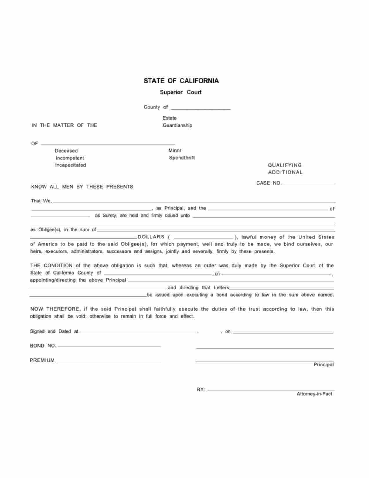 California Administrator/Executor Bond Form