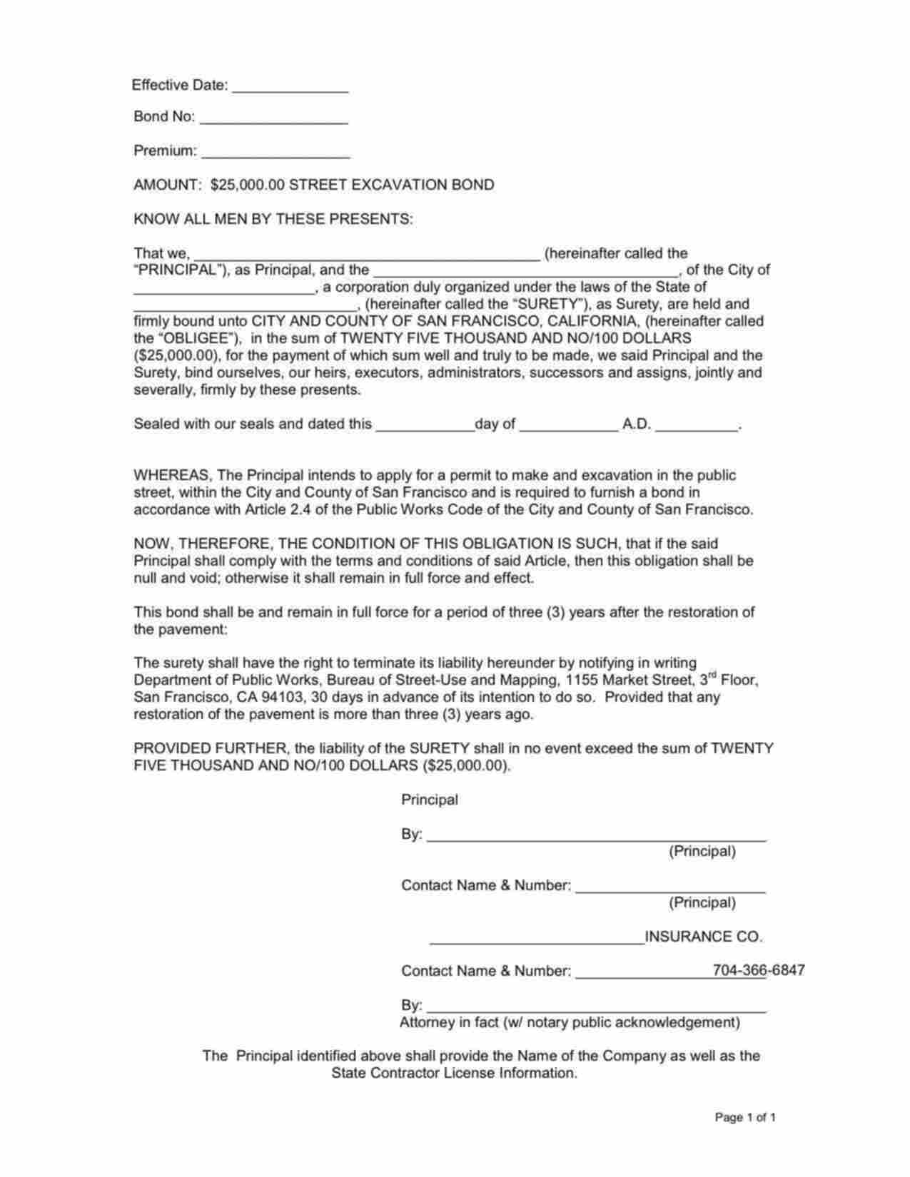 California Street Excavation Bond Form