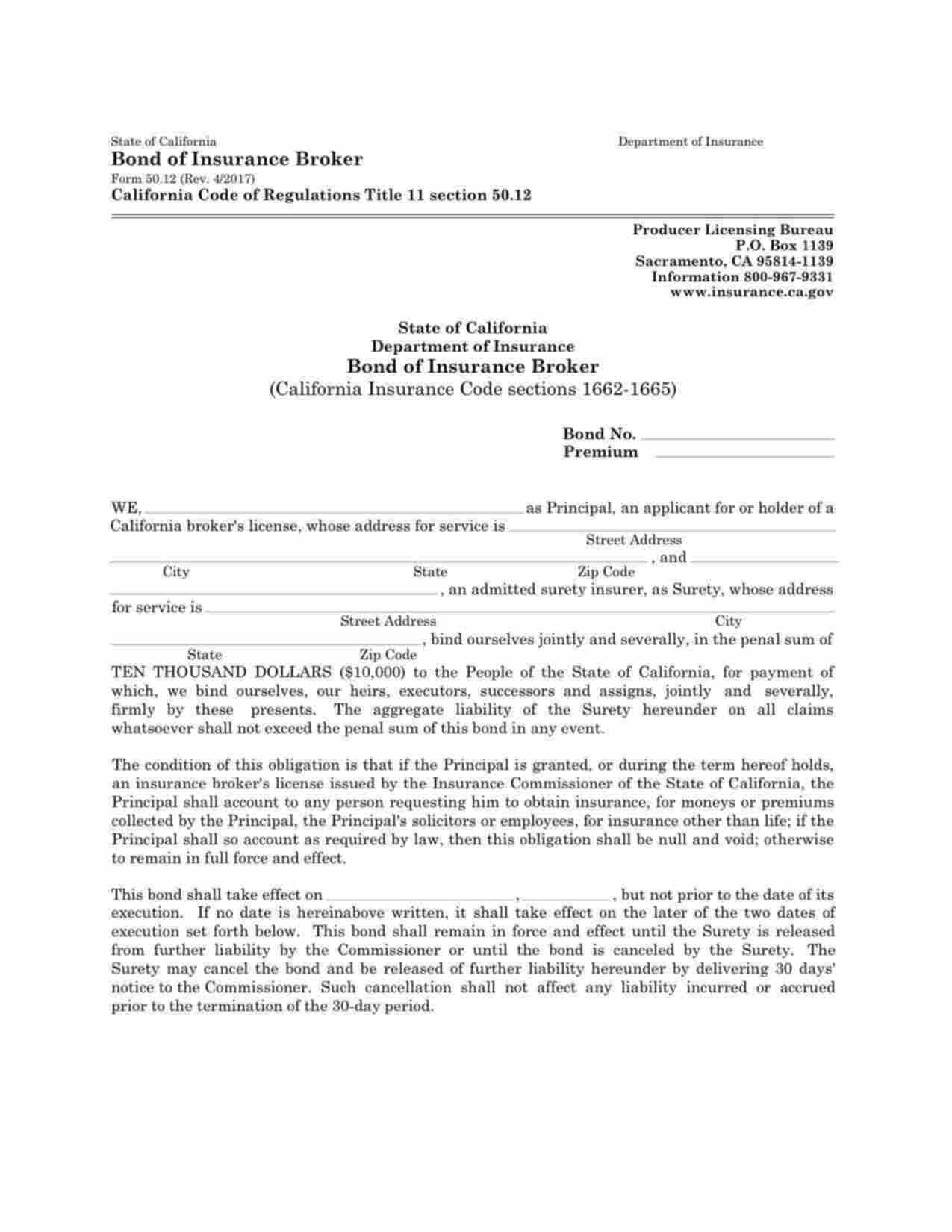 California Insurance Broker Bond Form