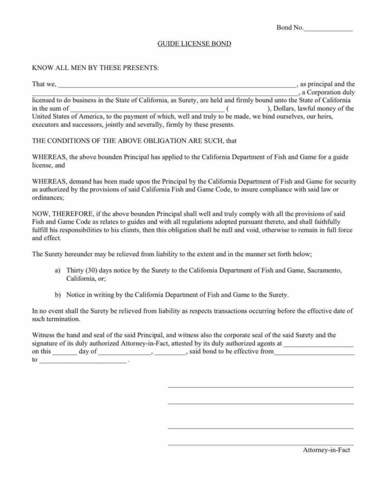 California Guide License Bond Form