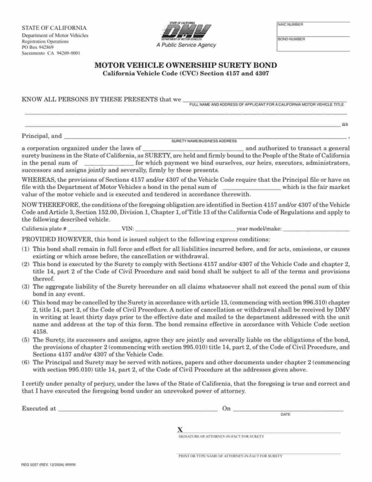 California Motor Vehicle Ownership - Lost Title Bond Form