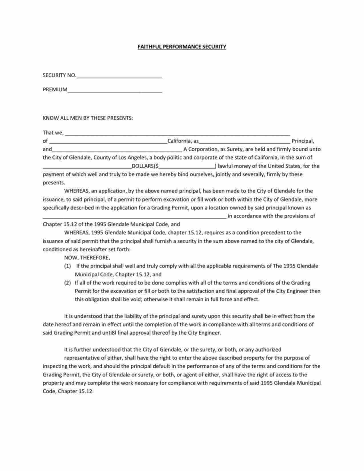 California Faithful Performance - Grading Permit Bond Form