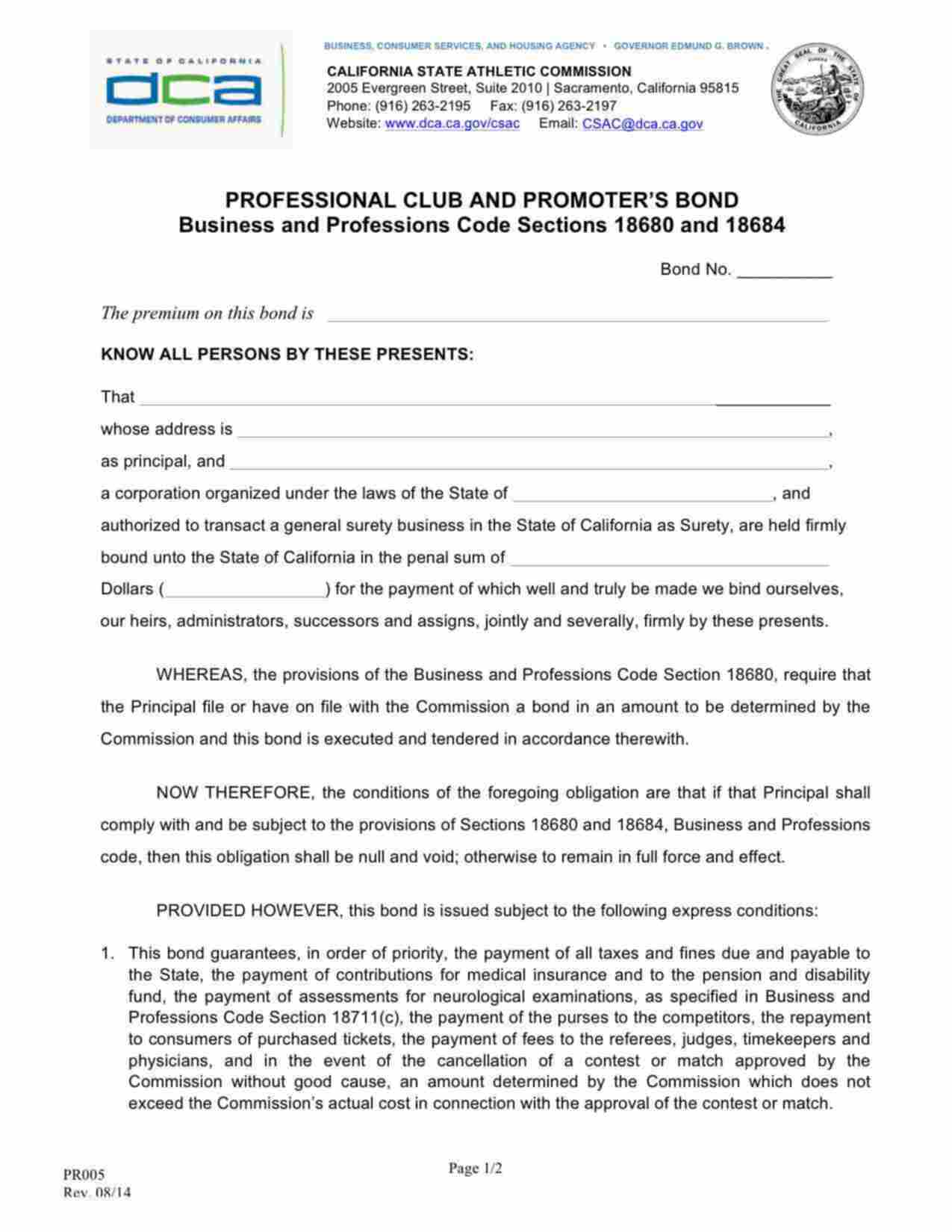 California Professional Club and Promoter Bond Form