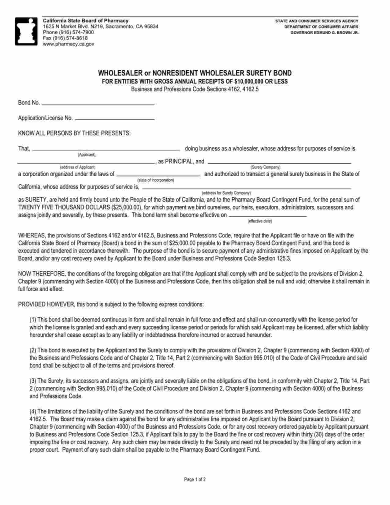 California Prescription Drug Wholesaler or Nonresident Wholesaler Bond Form