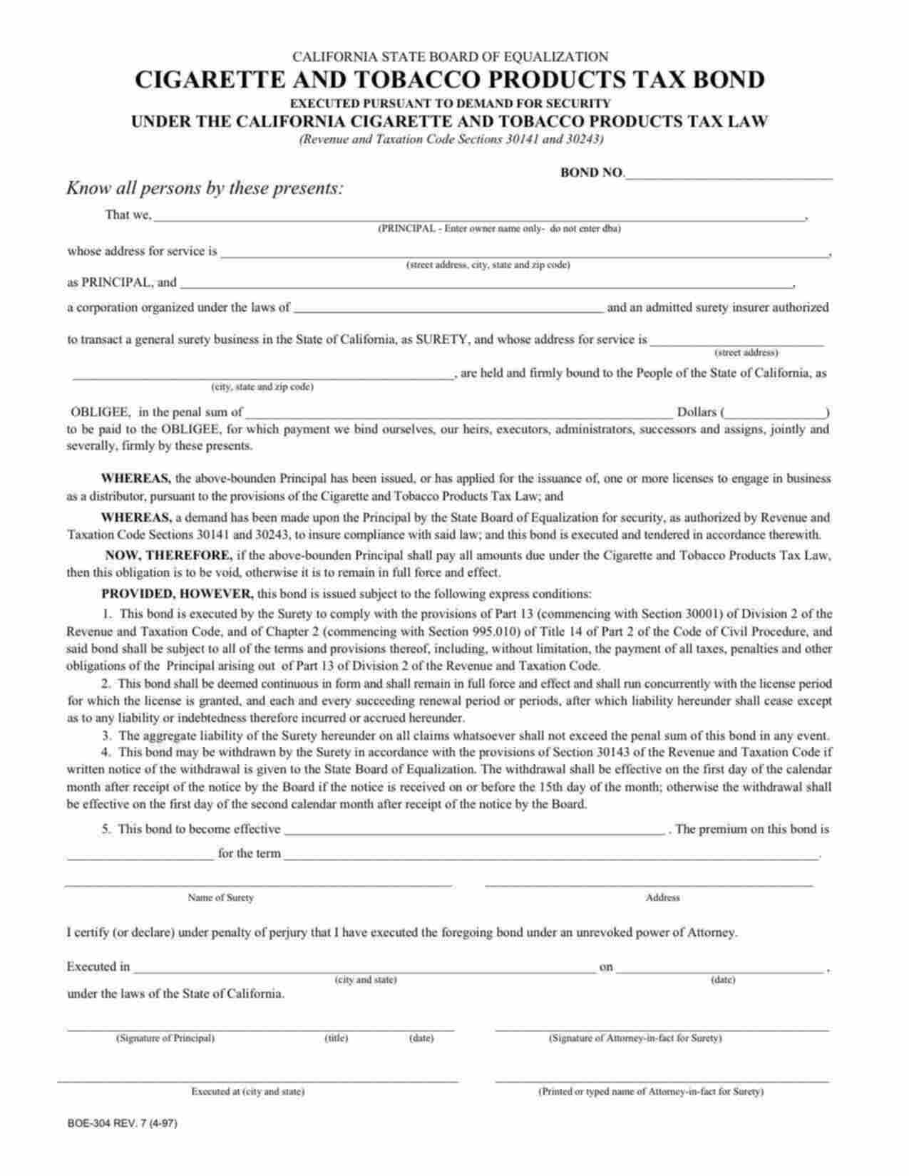California Cigarette and Tobacco Products Tax Bond Form