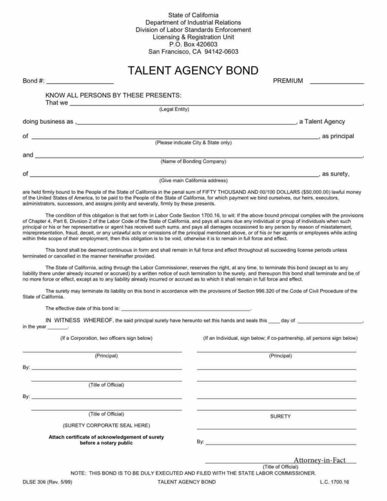 California Talent Agency Bond Form