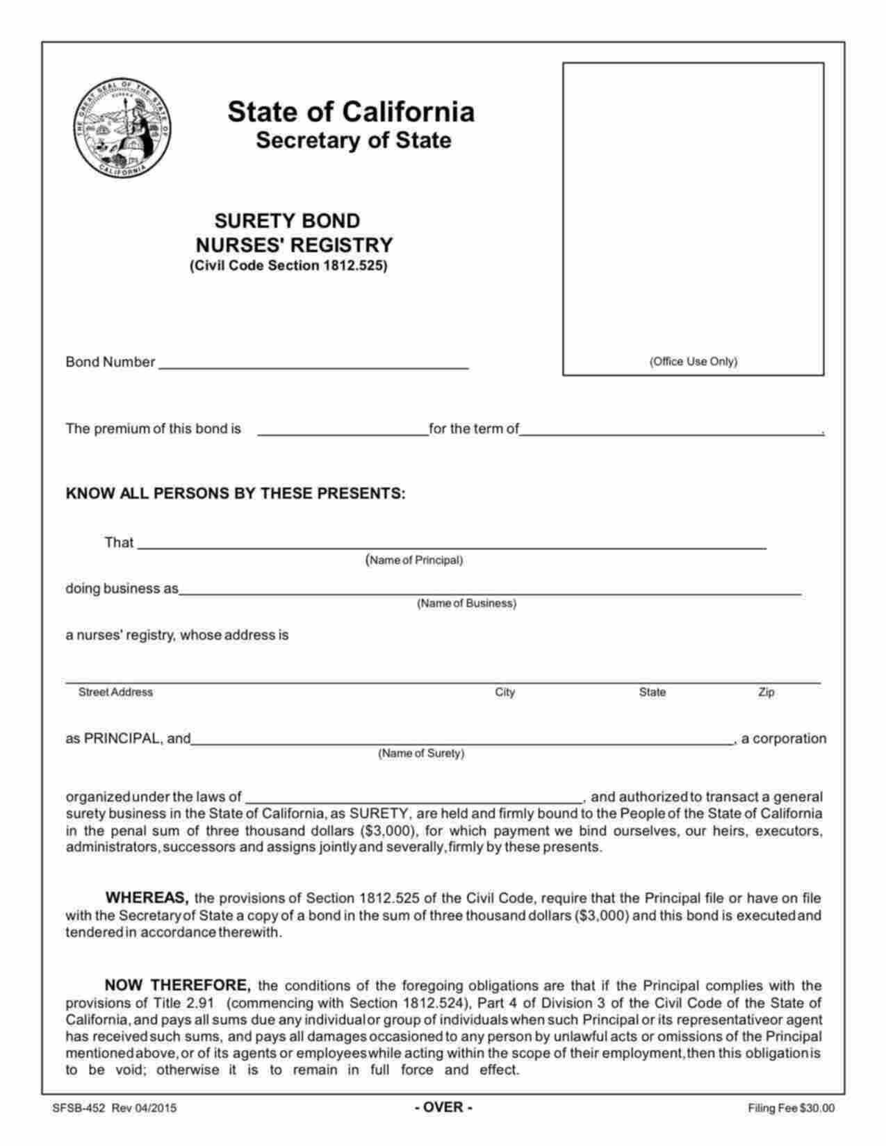 California Nurses Registry Bond Form