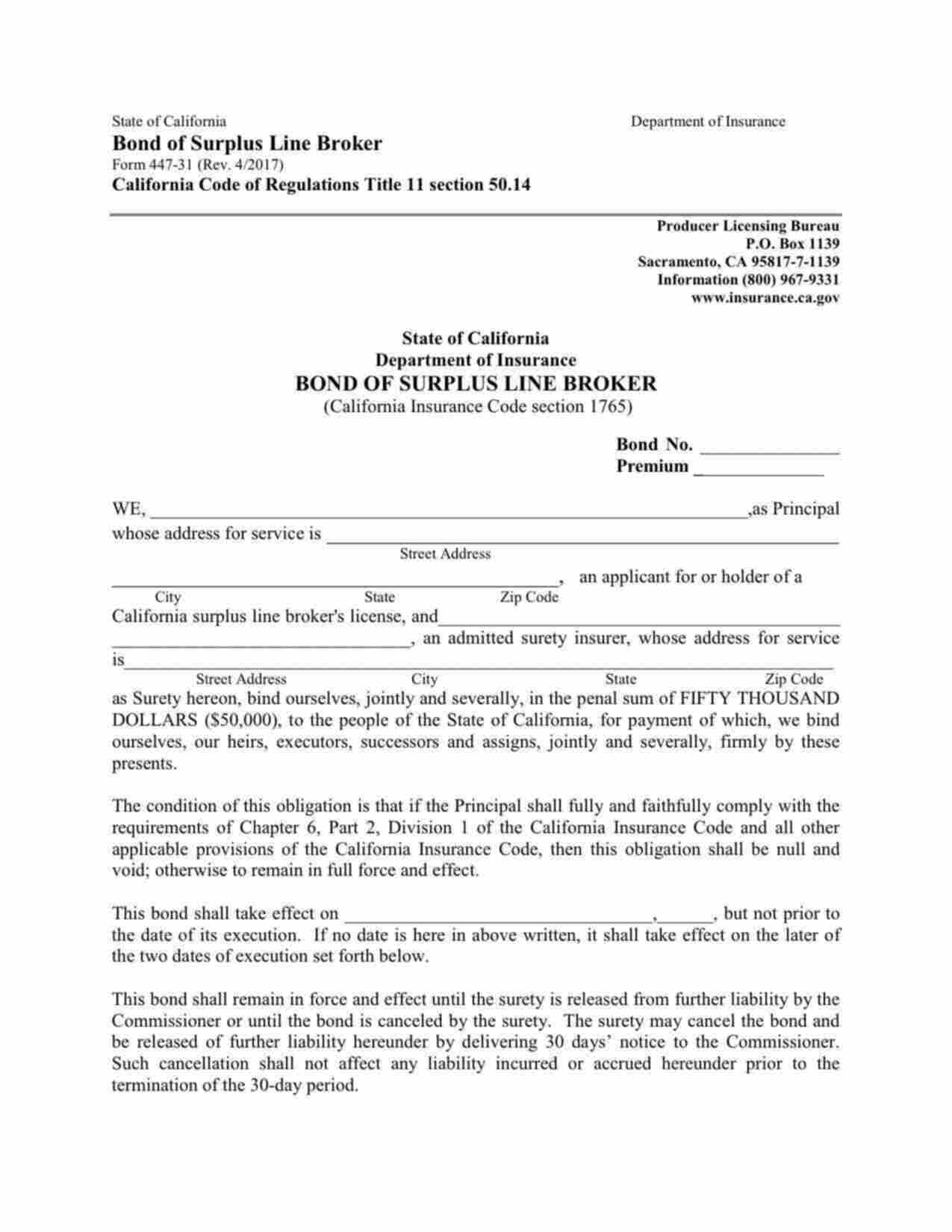 California Surplus Lines Broker Bond Form