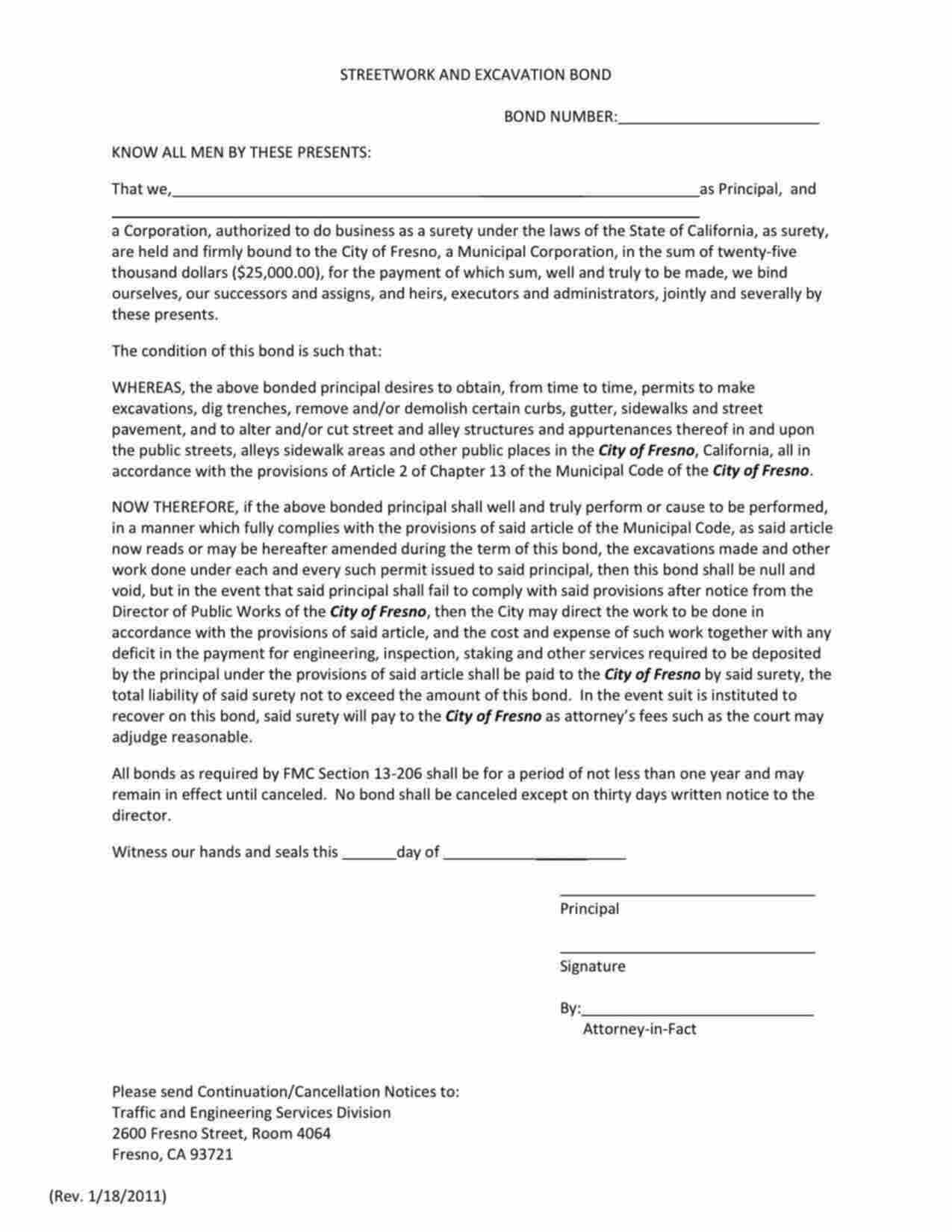 California Streetwork and Excavation Bond Form