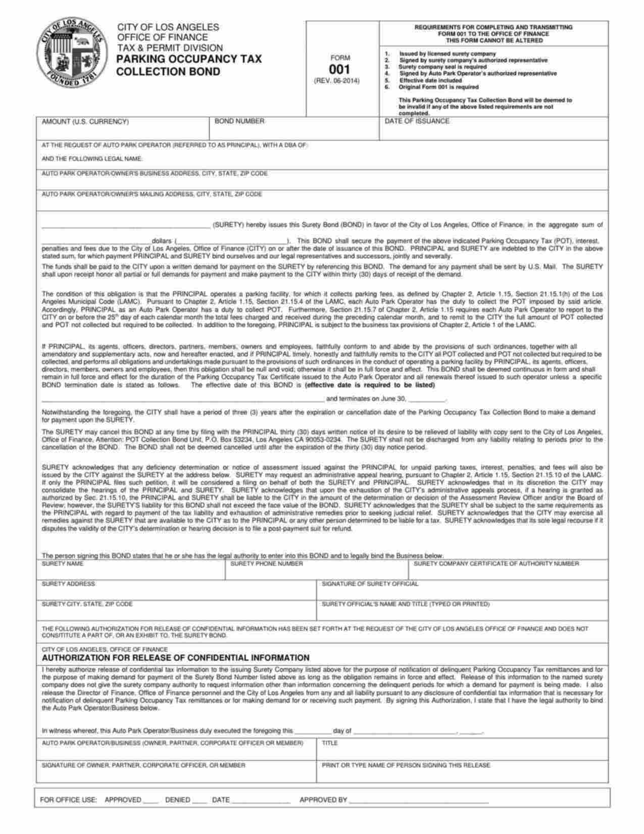 California Parking Occupancy Tax Bond Form