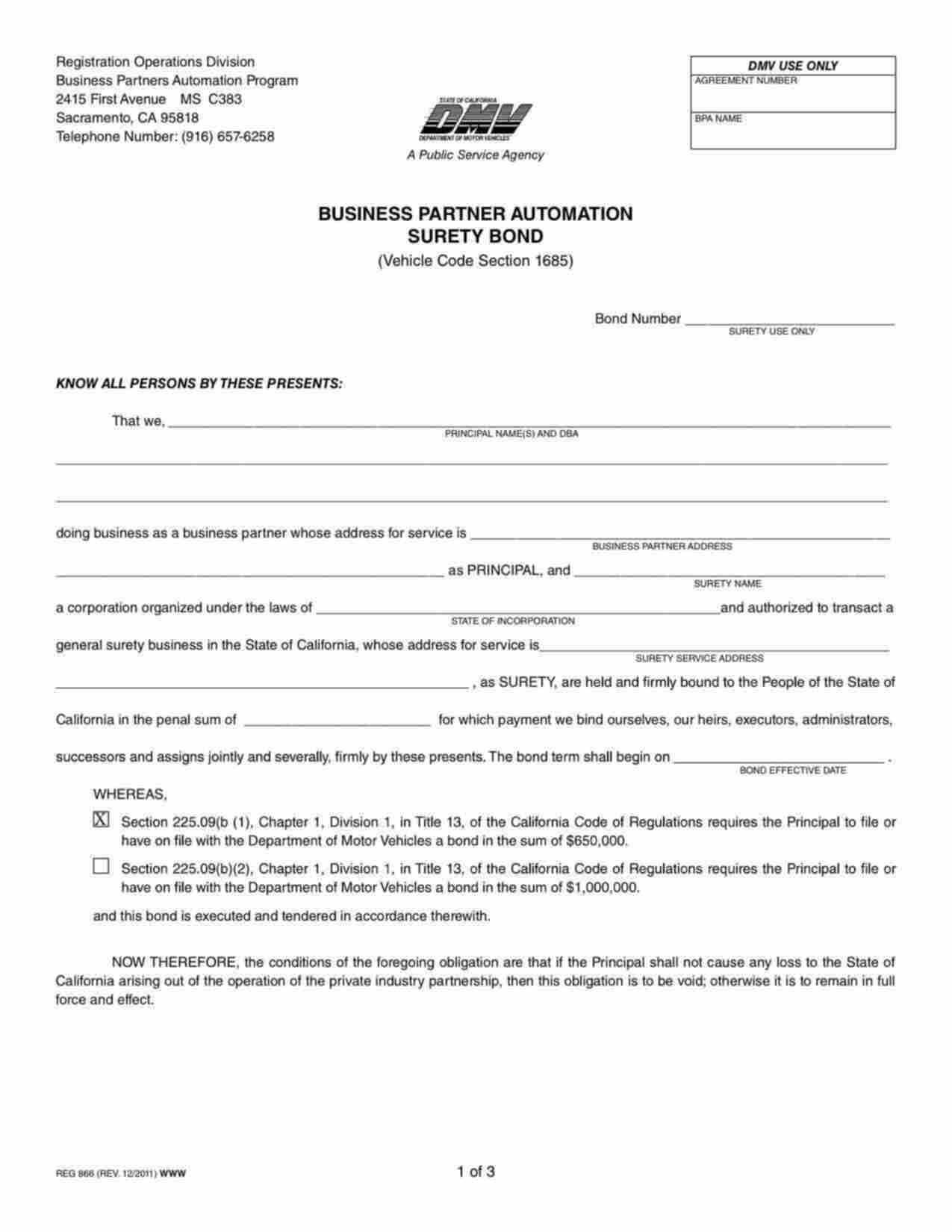 California Business Partner Automation (DMV) Bond Form