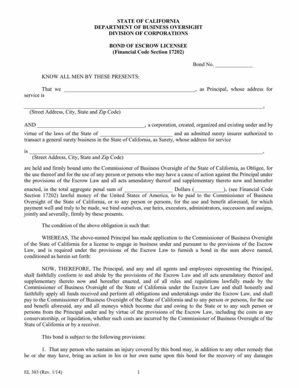 California Escrow Licensee Bond Form