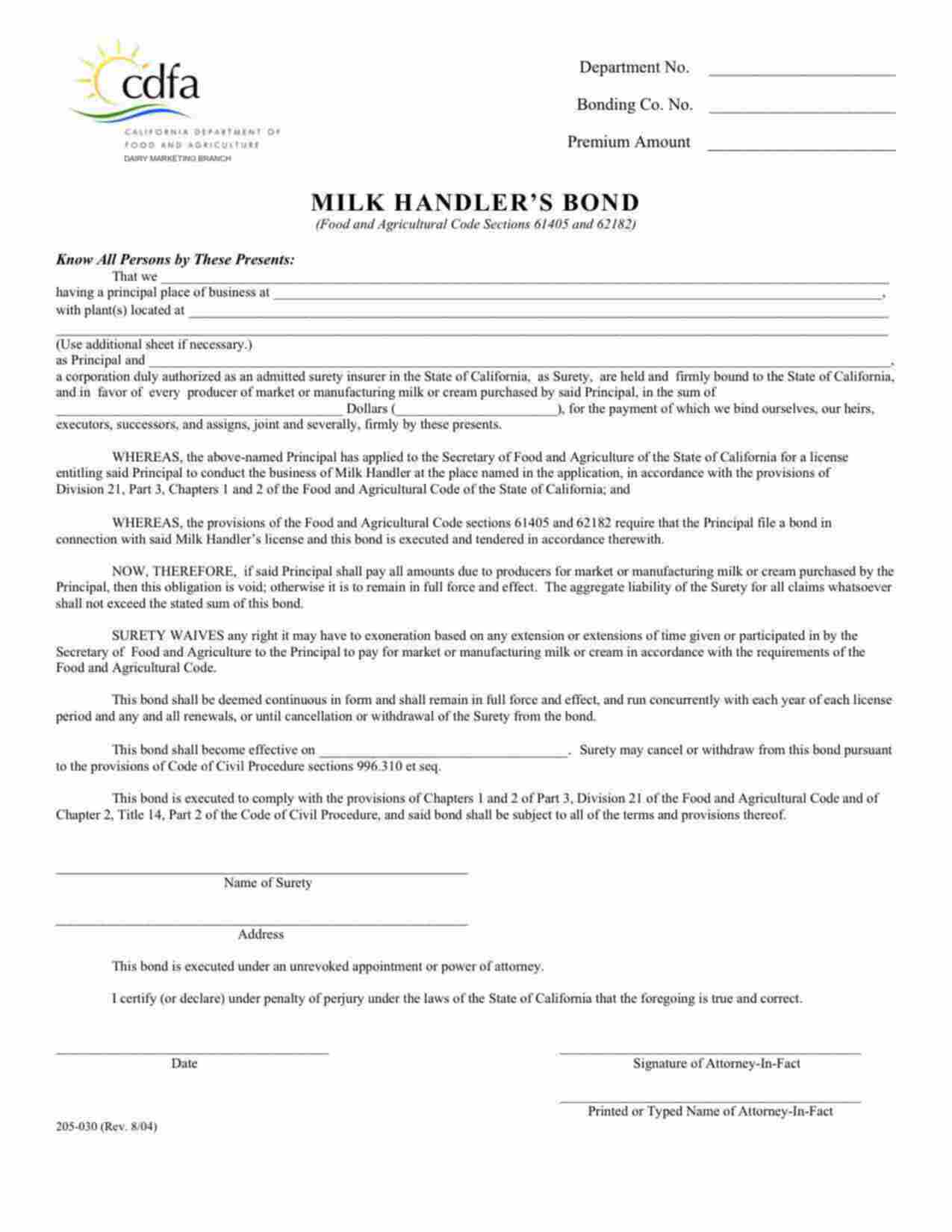 California Milk Handler Bond Form
