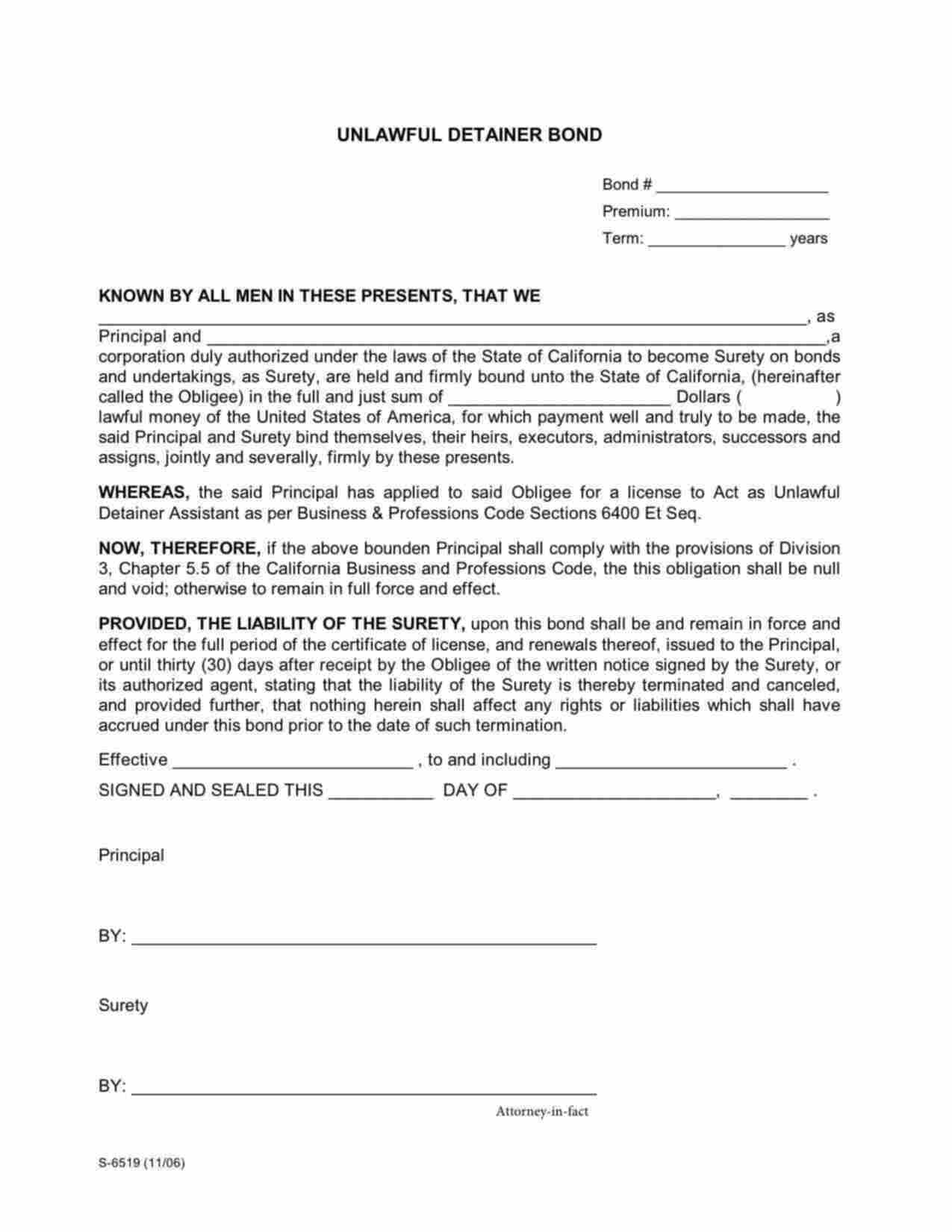 California Unlawful Detainer Assistant Bond Form