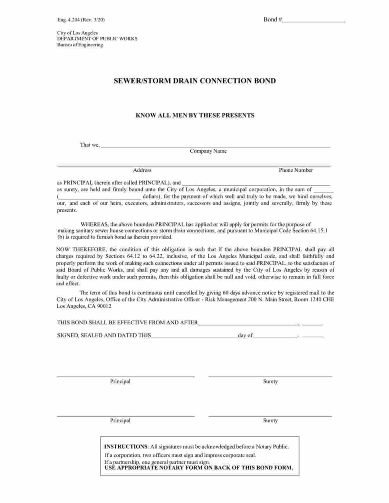 California Sewer/Storm Drain Connection Bond Form