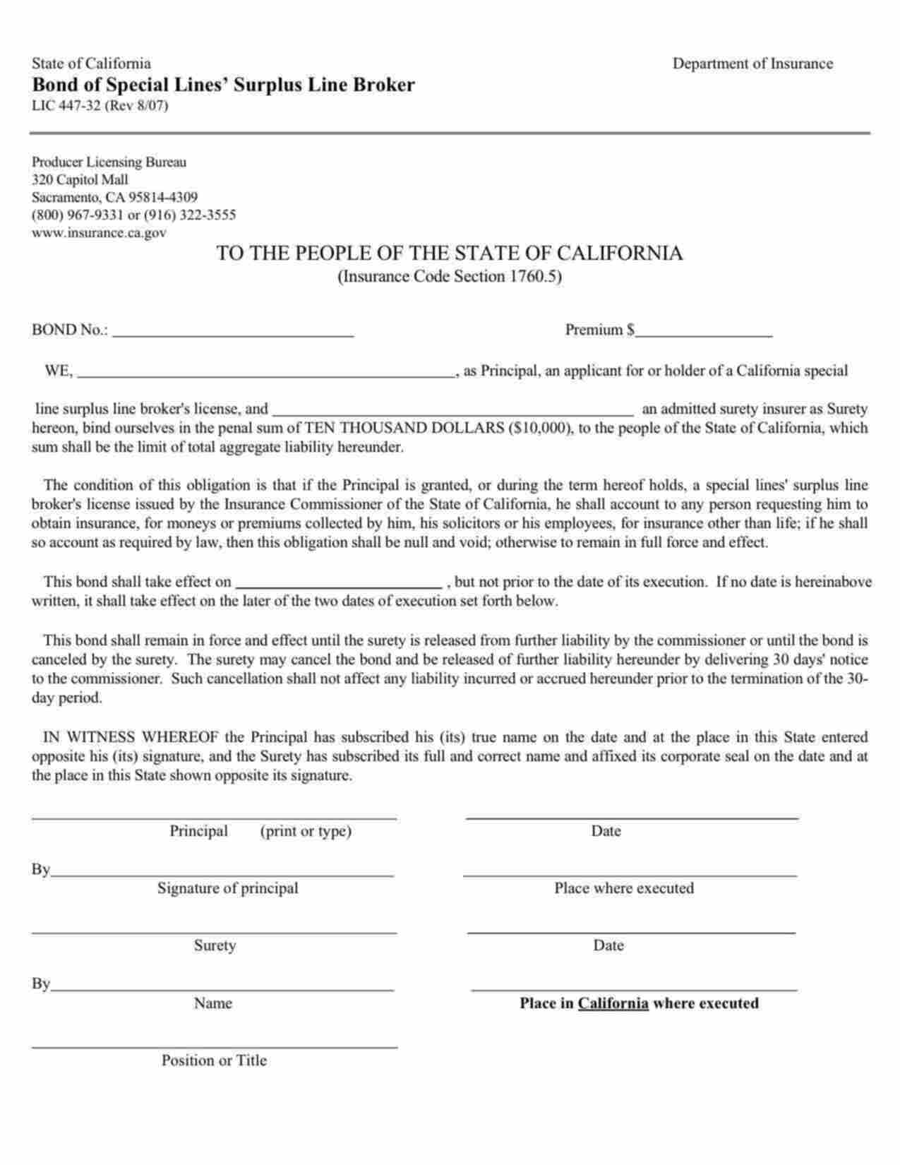 California Special Lines' Surplus Broker Bond Form