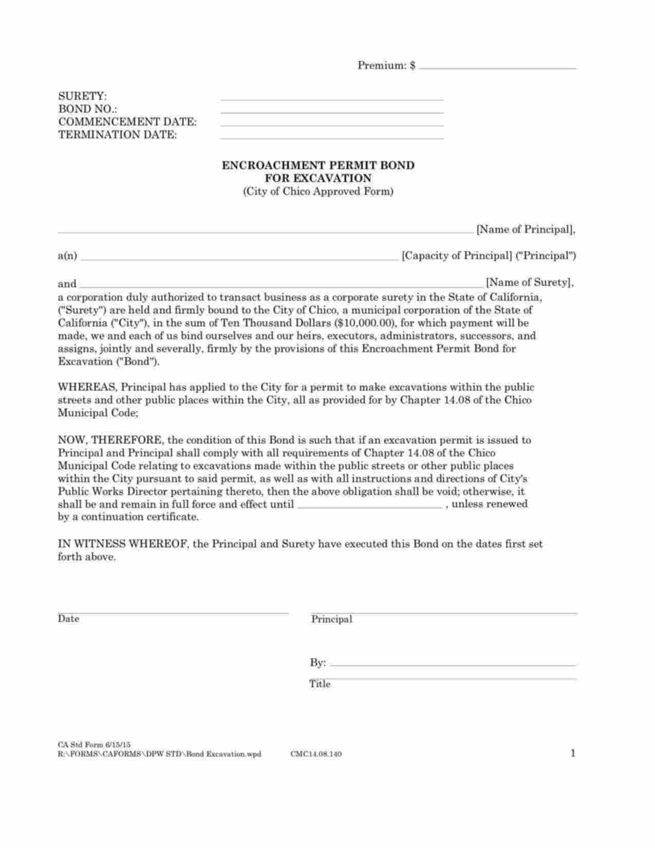 California Encroachment Permit for Excavation Bond Form