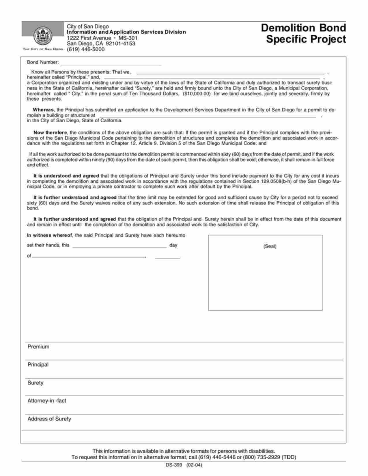 California Demolition Bond Form