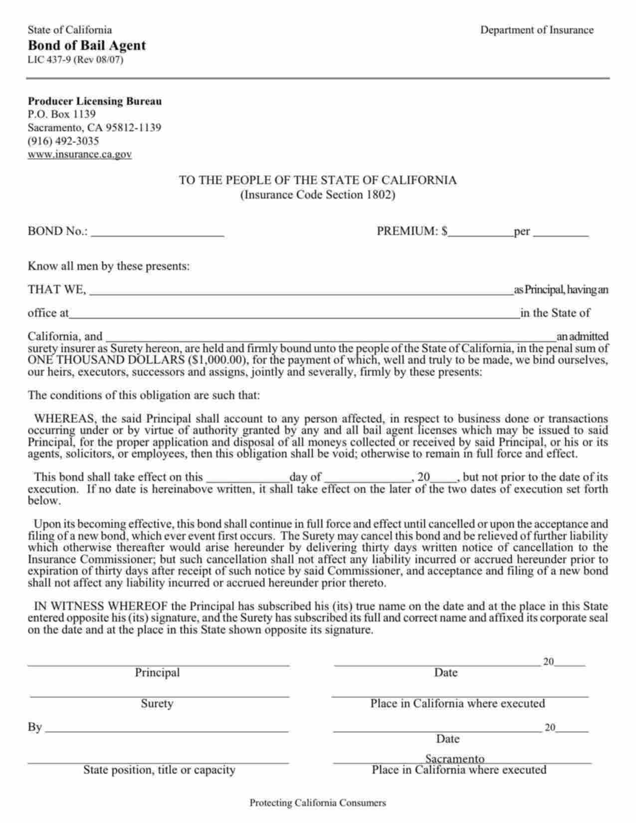 California Bail Bond Agent Bond Form