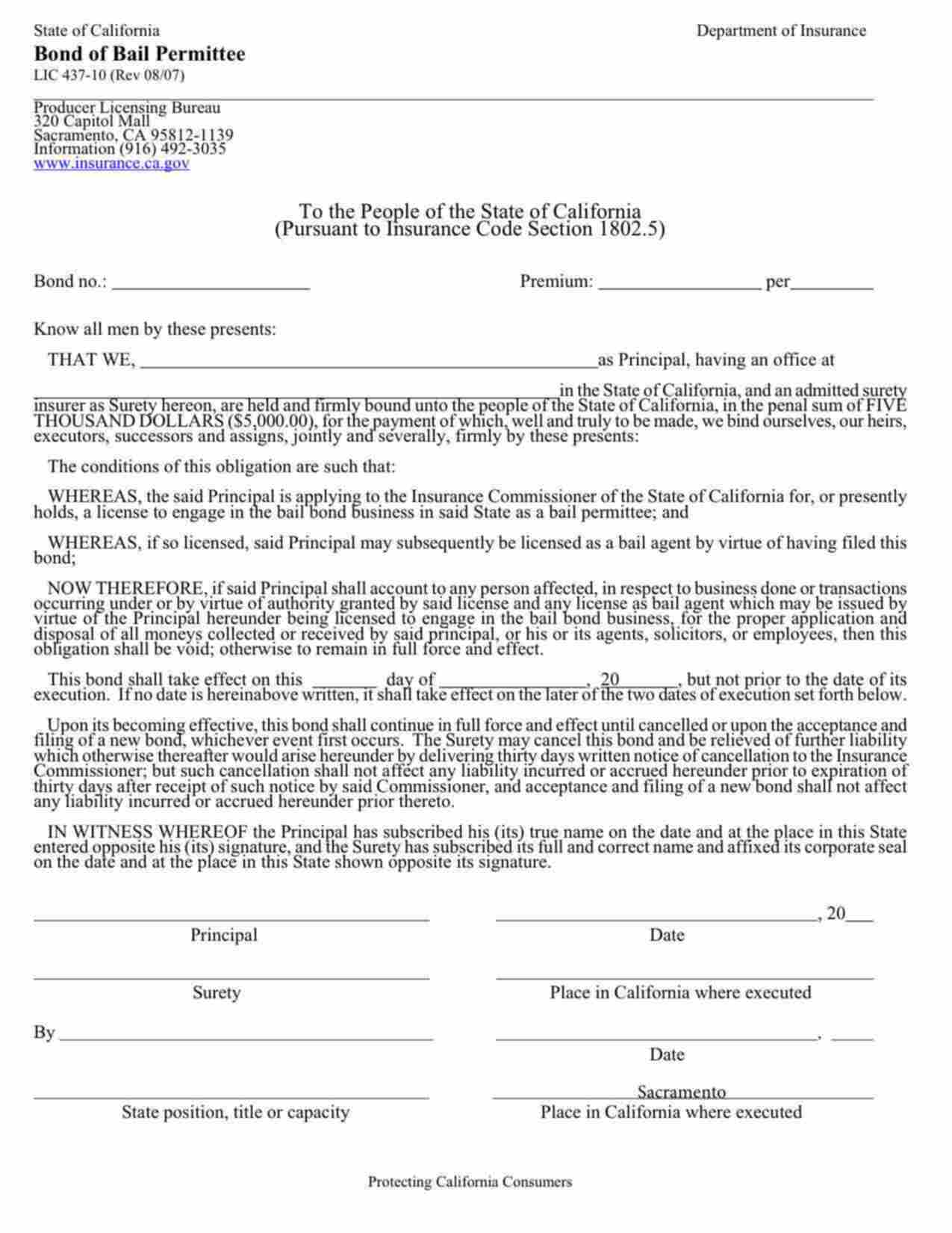 California Bail Bond Permittee Bond Form