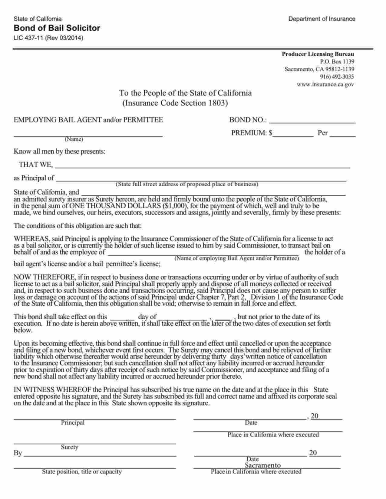 California Bail Bond Solicitor Bond Form