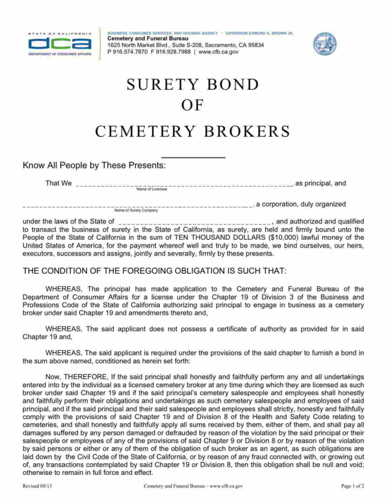 California Cemetery Brokers Bond Form